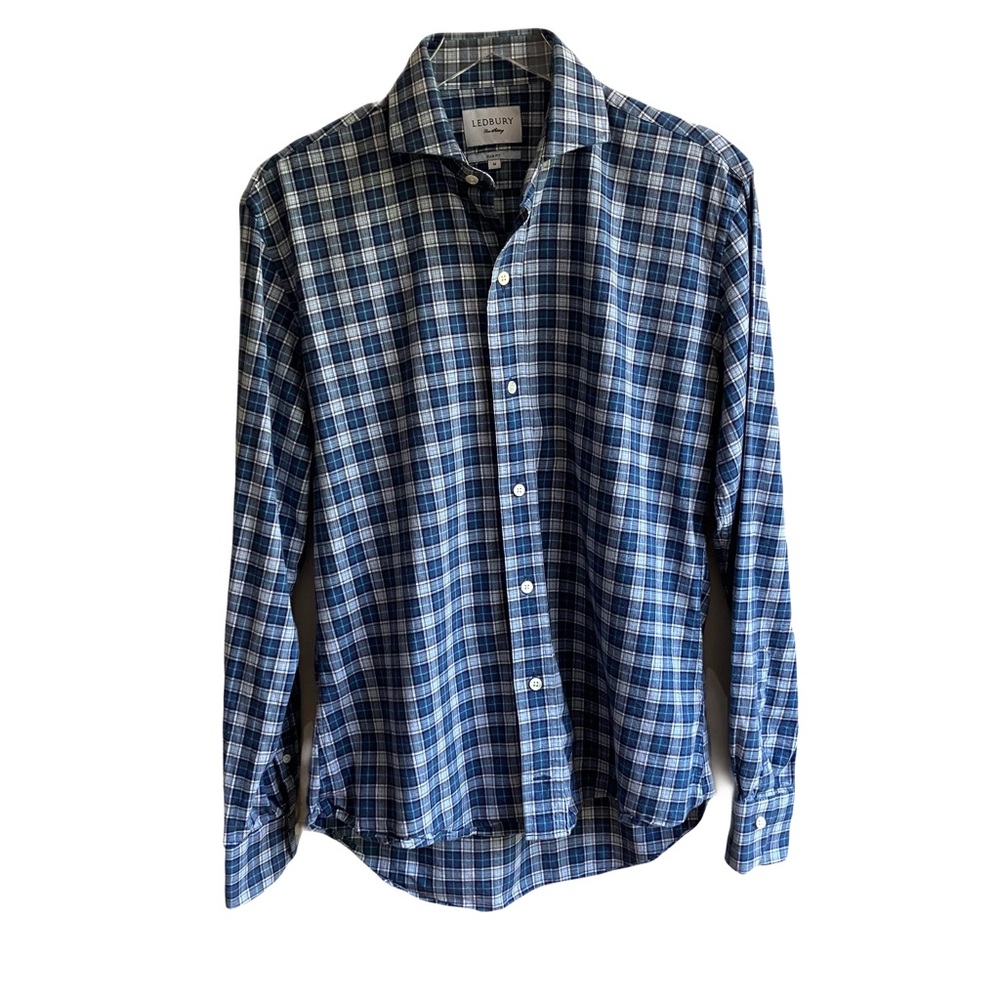 Ledbury Plaid Button Down Shirt Size M Slim 100% Cotton Blue Button Up Business